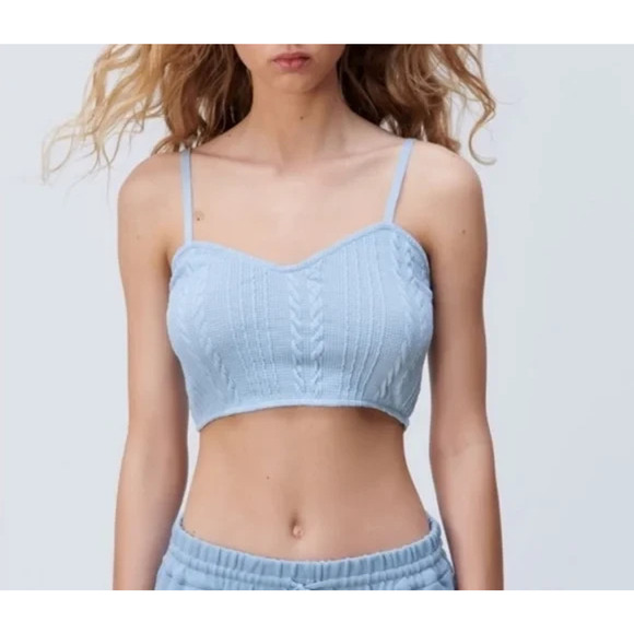 Zara Crop Tank Size Medium Light Blue Cable Knit Sweetheart Coquette Knit Top - Picture 2 of 7